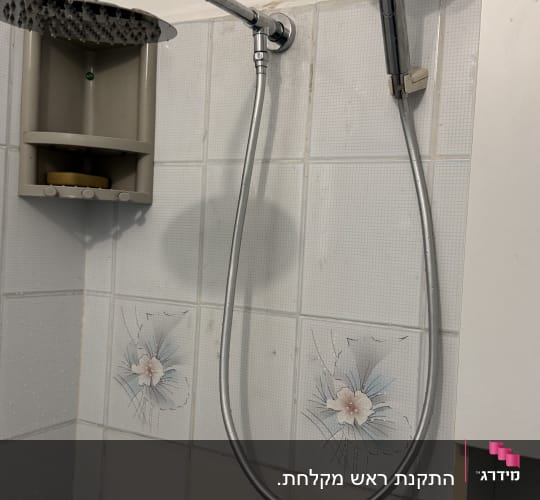 ראש מקלחת וכפתורי מים על קיר אריחים